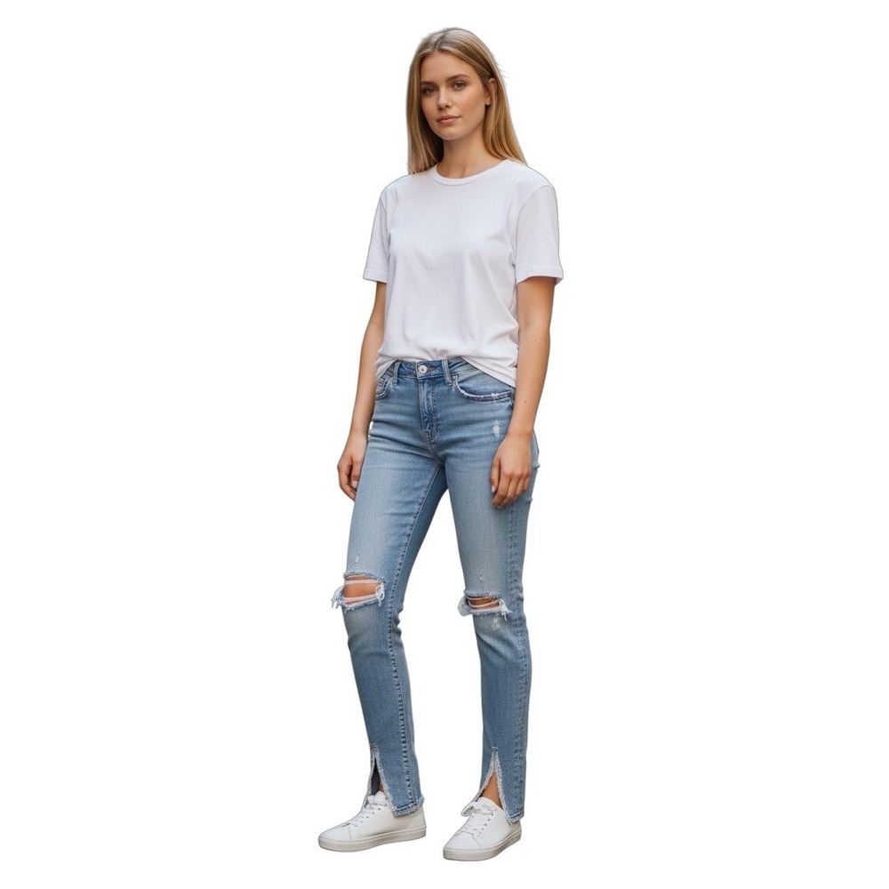 Moussy‎ Vintage Women's 25 Light Wash Distressed Slim Straight Jeans Japan Made